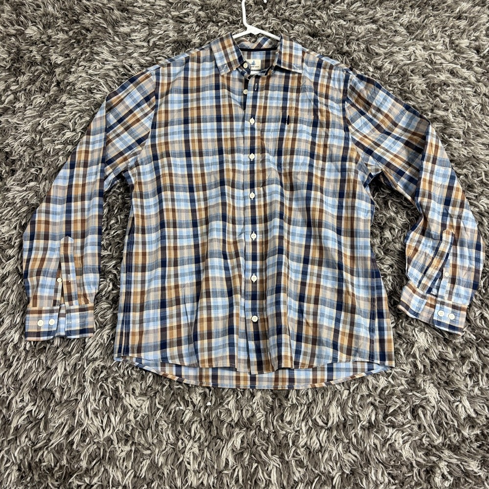 johnnie-O Hangin Out Mens Large Blue Brown Plaid Cotton Button Down Shirt 3648